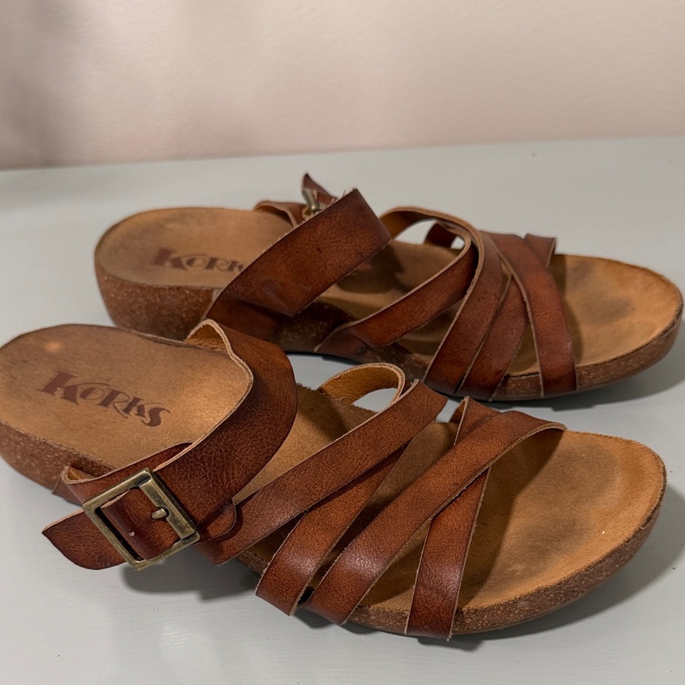 Korks Brown Leather Multi-Strap Cork Slide Sandals